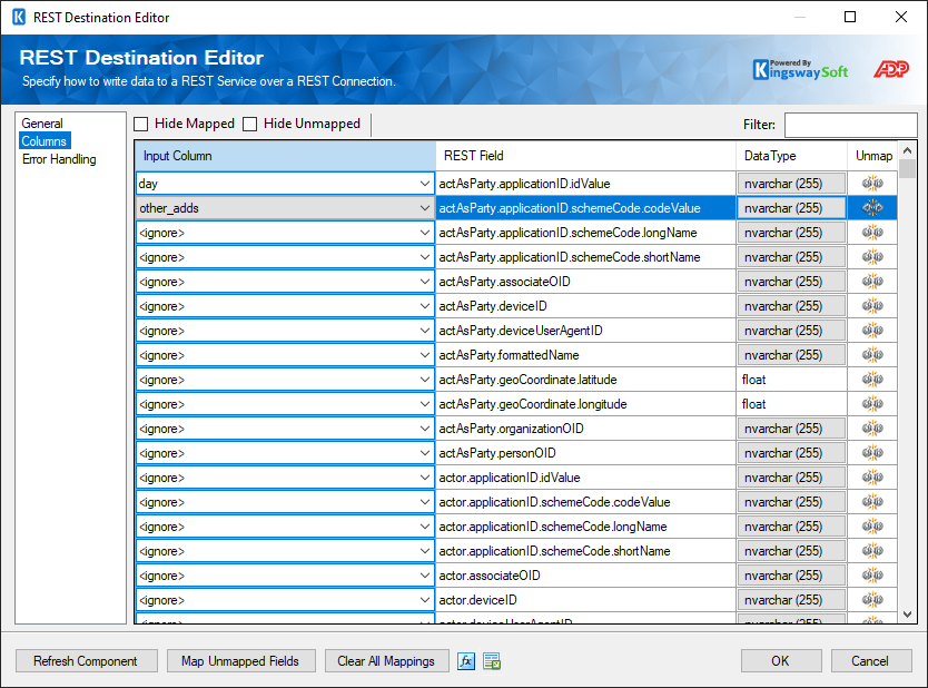 SSIS REST ADP Destination - Columns